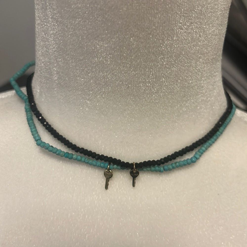 Turquoise choker with key & black beaded choker his & hers key jewelry